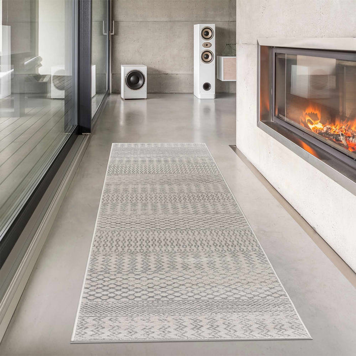 Contemporary Ivory and Gray Medium Pile Tribal Trellis Multi size Area Rug - The Rug Decor