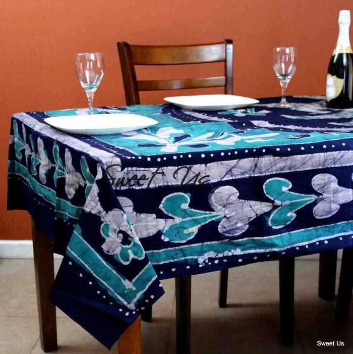 Cotton Batik Elephant Tablecloth Rectangle Blue Saffron Fabric Dining Linen - Sweet Us