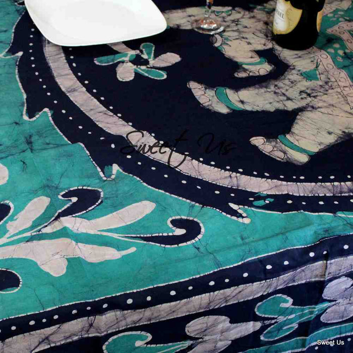 Cotton Batik Elephant Tablecloth Rectangle Blue Saffron Fabric Dining Linen - Sweet Us
