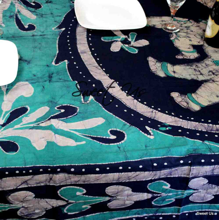 Cotton Batik Elephant Tablecloth Rectangle Blue Saffron Fabric Dining Linen - Sweet Us
