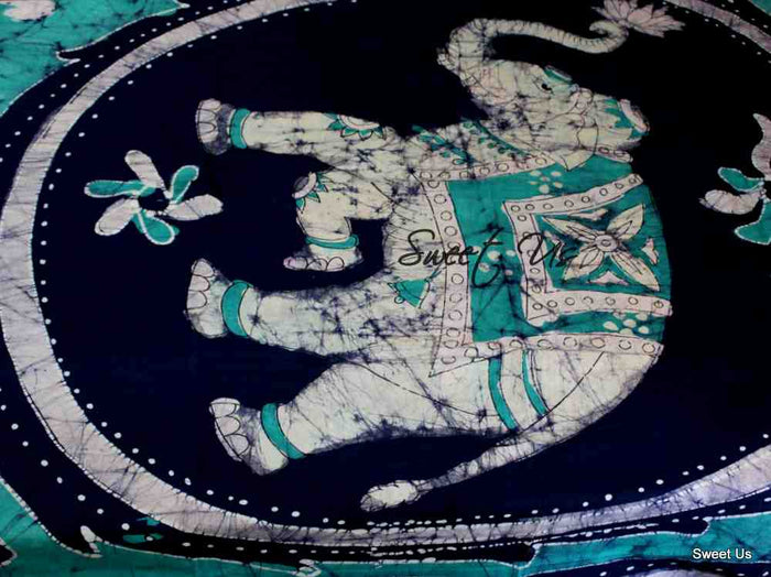 Cotton Batik Elephant Tablecloth Rectangle Blue Saffron Fabric Dining Linen - Sweet Us
