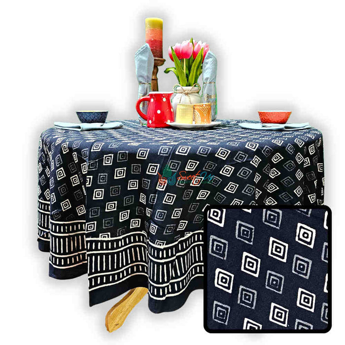 Cotton Block Print Diamond Dazzle Tablecloth Round, Black White - Sweet Us