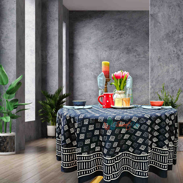 Cotton Block Print Diamond Dazzle Tablecloth Round, Black White - Sweet Us