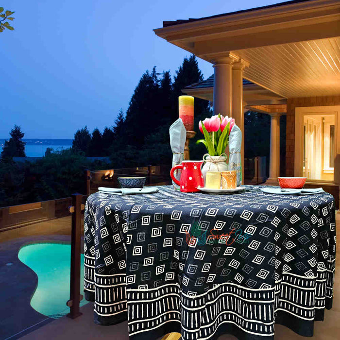 Cotton Block Print Diamond Dazzle Tablecloth Round, Black White - Sweet Us
