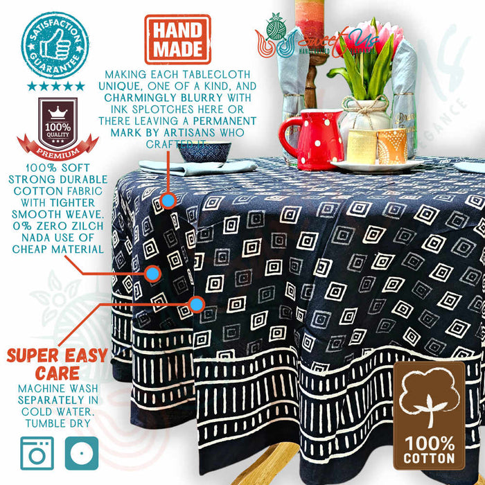 Cotton Block Print Diamond Dazzle Tablecloth Round, Black White - Sweet Us