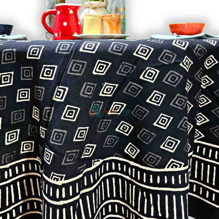 Cotton Block Print Diamond Dazzle Tablecloth Round, Black White - Sweet Us
