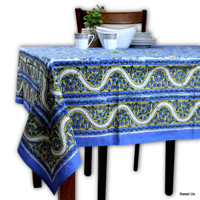 Cotton Block Print Paisley Floral Tablecloth Rectangle Blue Gold Green - Sweet Us