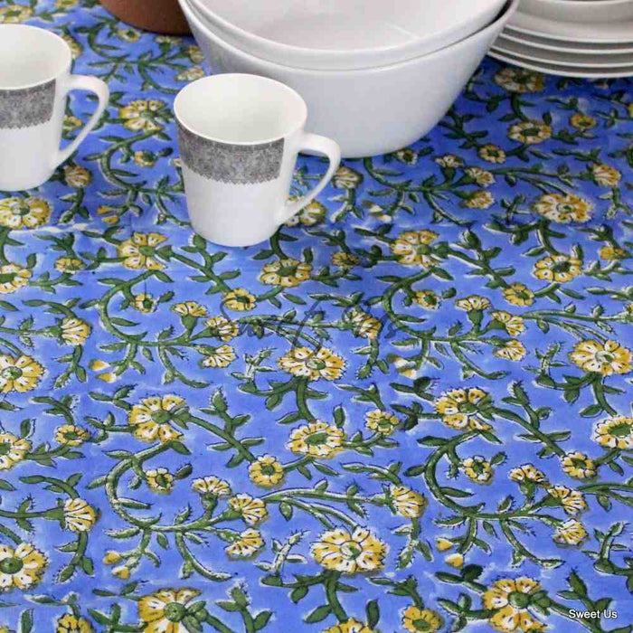 Cotton Block Print Paisley Floral Tablecloth Rectangle Blue Gold Green - Sweet Us