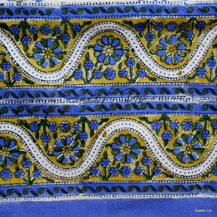 Cotton Block Print Paisley Floral Tablecloth Rectangle Blue Gold Green - Sweet Us