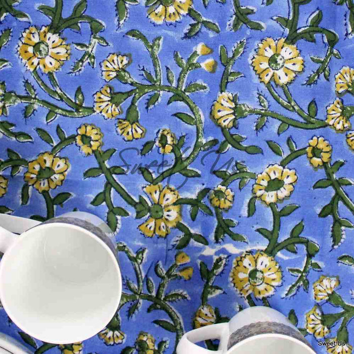 Cotton Block Print Paisley Floral Tablecloth Rectangle Blue Gold Green - Sweet Us