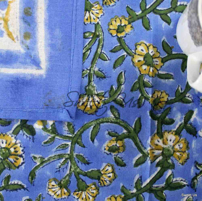 Cotton Block Print Paisley Floral Tablecloth Rectangle Blue Gold Green - Sweet Us