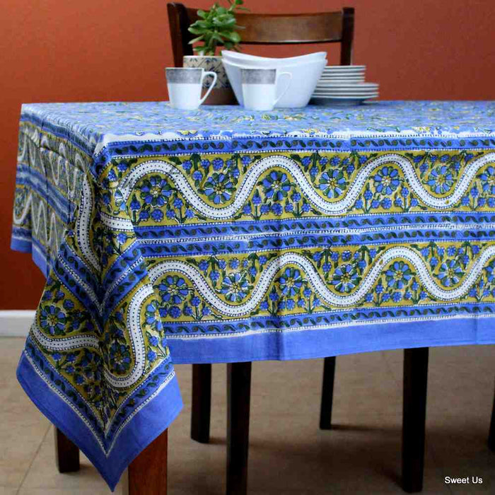 Cotton Block Print Paisley Floral Tablecloth Rectangle Blue Gold Green - Sweet Us