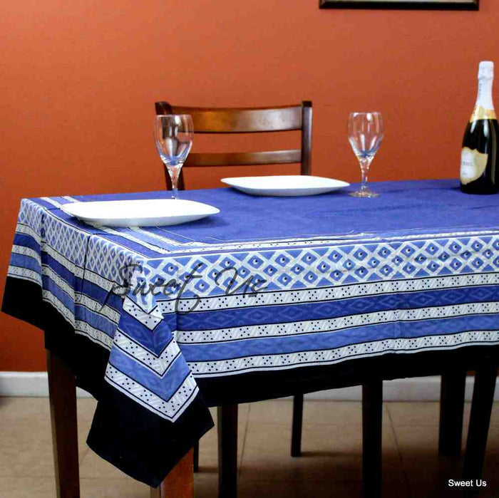 Cotton Block Print Tablecloth Rectangle Dining Kitchen Table Linen Blue - Sweet Us