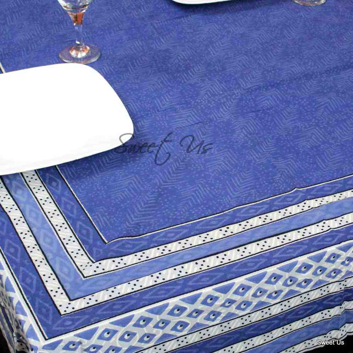 Cotton Block Print Tablecloth Rectangle Dining Kitchen Table Linen Blue - Sweet Us