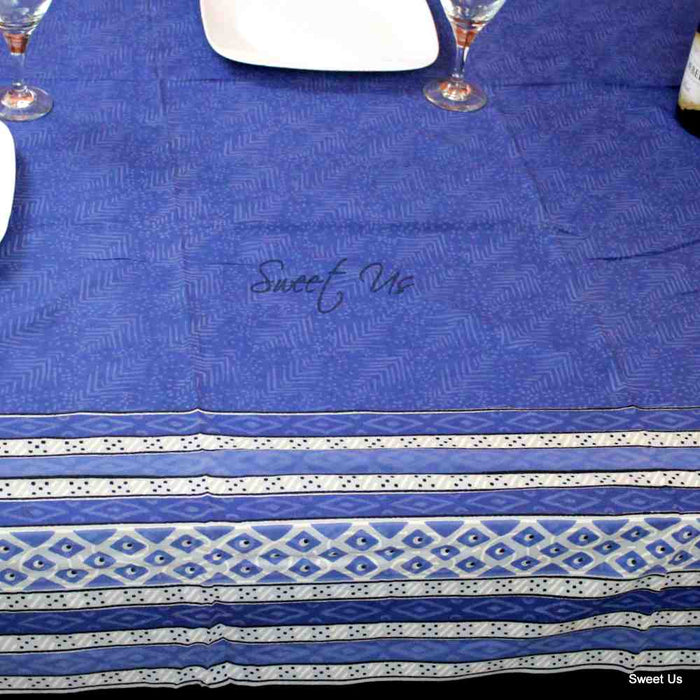 Cotton Block Print Tablecloth Rectangle Dining Kitchen Table Linen Blue - Sweet Us