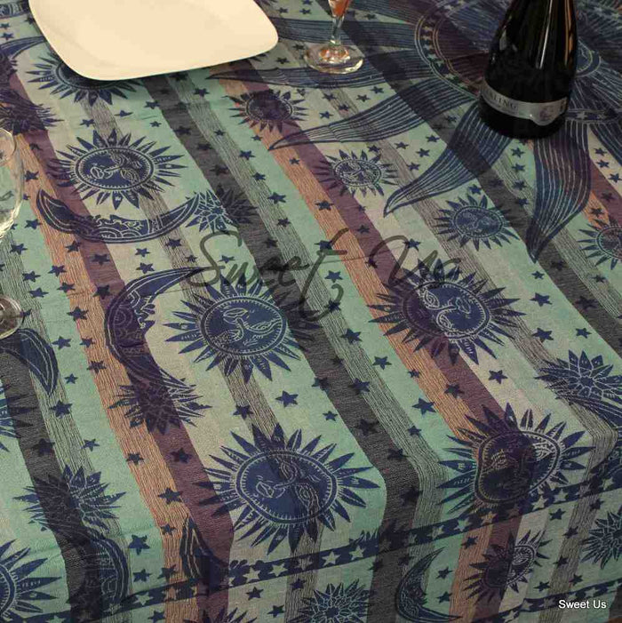 Cotton Celestial Print Floral Tablecloth Rectangle Blue Dining Linen - Sweet Us