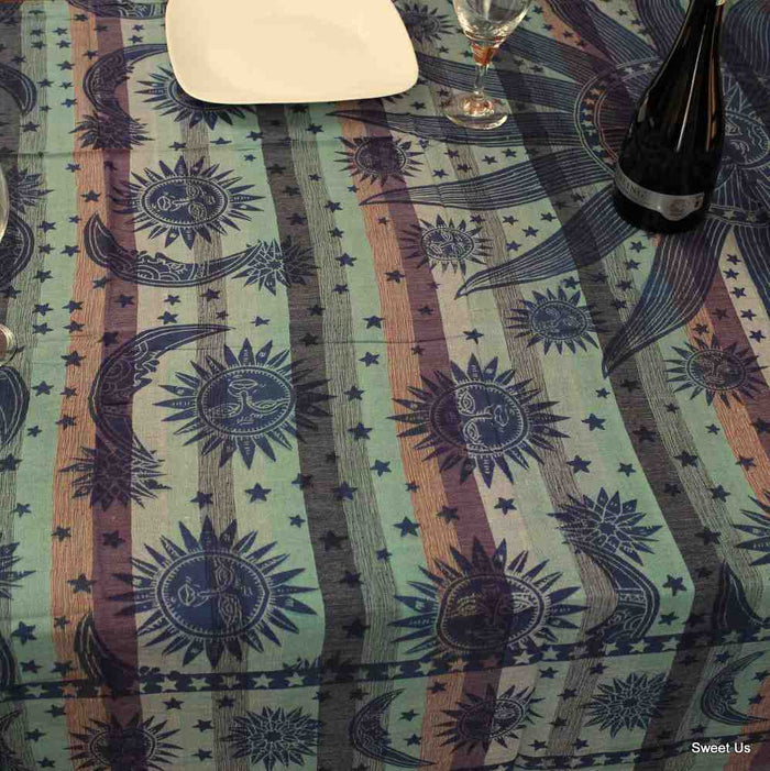 Cotton Celestial Print Floral Tablecloth Rectangle Blue Dining Linen - Sweet Us