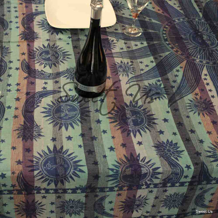 Cotton Celestial Print Floral Tablecloth Rectangle Blue Dining Linen - Sweet Us