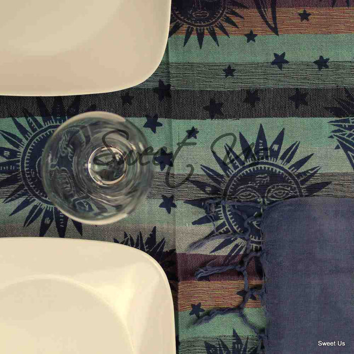 Cotton Celestial Print Floral Tablecloth Rectangle Blue Dining Linen - Sweet Us