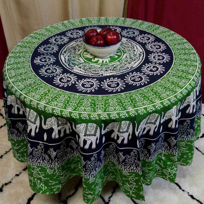 Handmade 100% Cotton Elephant Mandala Floral 81" Round Tablecloth Blue Green Yellow Red - Sweet Us