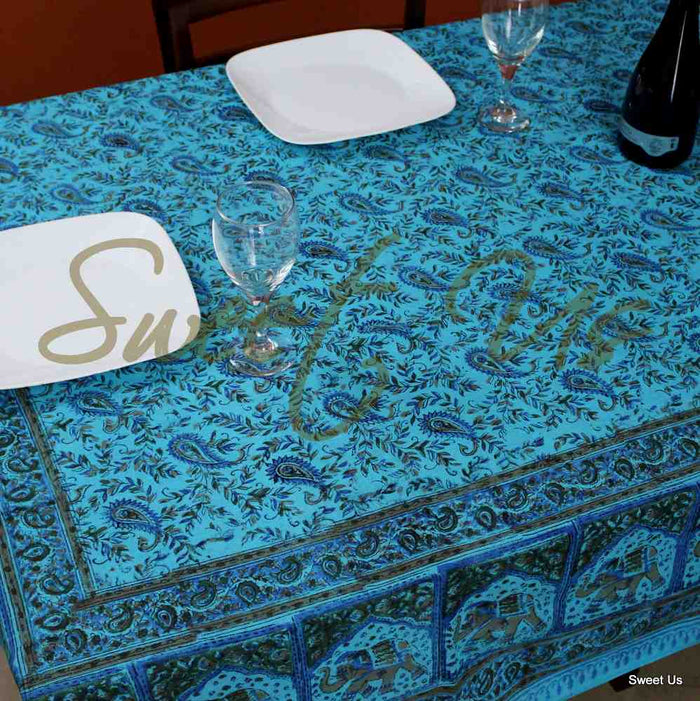 Cotton Elephant Paisley Floral Tablecloth Rectangle Bed sheet Full Turquoise Blue - Sweet Us
