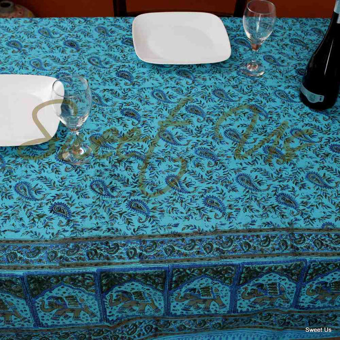 Cotton Elephant Paisley Floral Tablecloth Rectangle Bed sheet Full Turquoise Blue - Sweet Us
