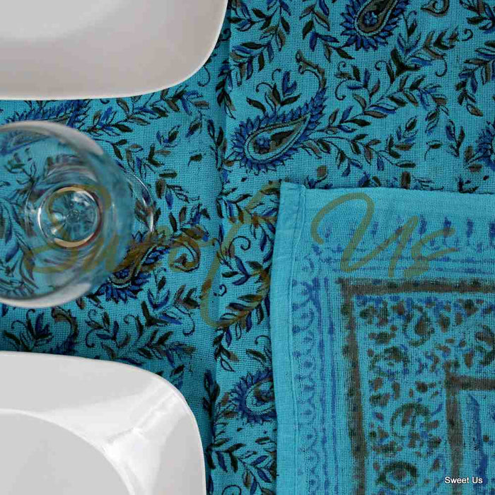 Cotton Elephant Paisley Floral Tablecloth Rectangle Bed sheet Full Turquoise Blue - Sweet Us