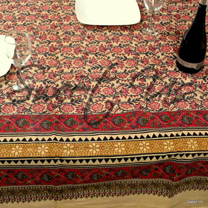 Cotton Floral Tablecloth Rectangle Red Gold Gray Black Tan Dining Linen - Sweet Us
