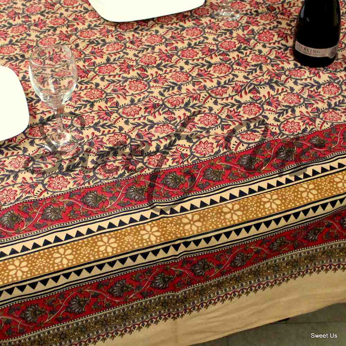 Cotton Floral Tablecloth Rectangle Red Gold Gray Black Tan Dining Linen - Sweet Us