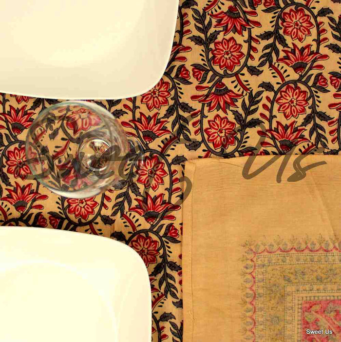 Cotton Floral Tablecloth Rectangle Red Gold Gray Black Tan Dining Linen - Sweet Us