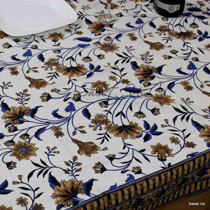 Cotton Floral Tablecloth Rectangle White Brown Green Blue Kitchen Linen - Sweet Us