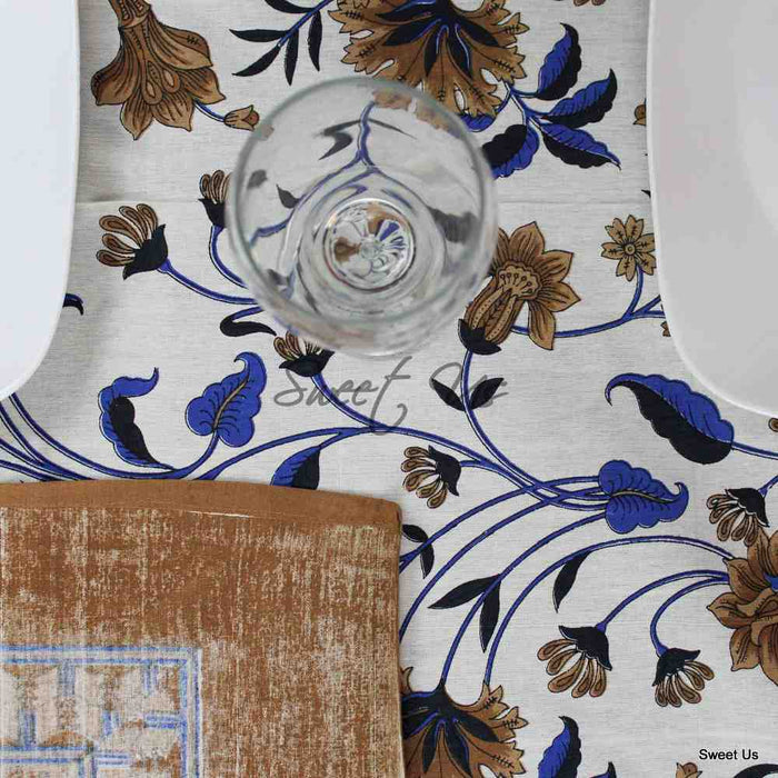 Cotton Floral Tablecloth Rectangle White Brown Green Blue Kitchen Linen - Sweet Us