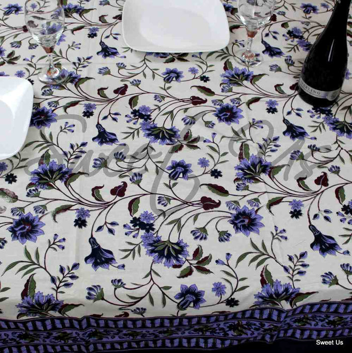 Cotton Floral Tablecloth Rectangle White Brown Green Blue Kitchen Linen - Sweet Us