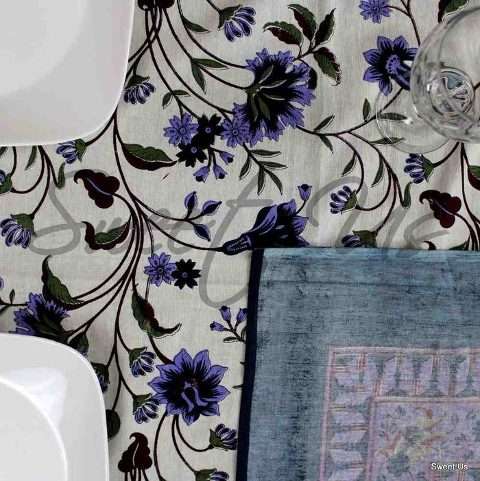 Cotton Floral Tablecloth Rectangle White Brown Green Blue Kitchen Linen - Sweet Us
