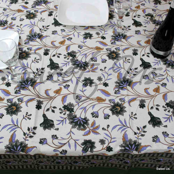 Cotton Floral Tablecloth Rectangle White Brown Green Blue Kitchen Linen - Sweet Us