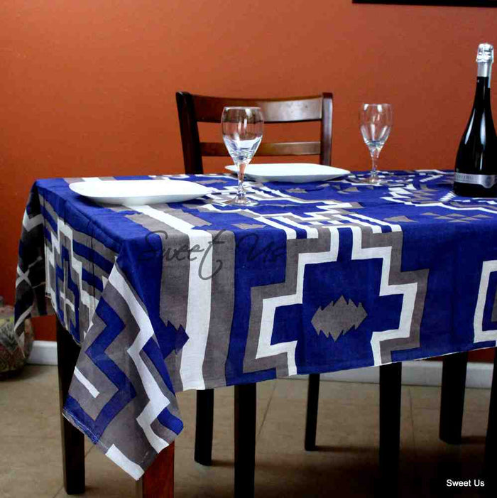 Cotton Native American Aztec Tablecloth Rectangle 60x90 Blue Gray Kitchen Linen - Sweet Us