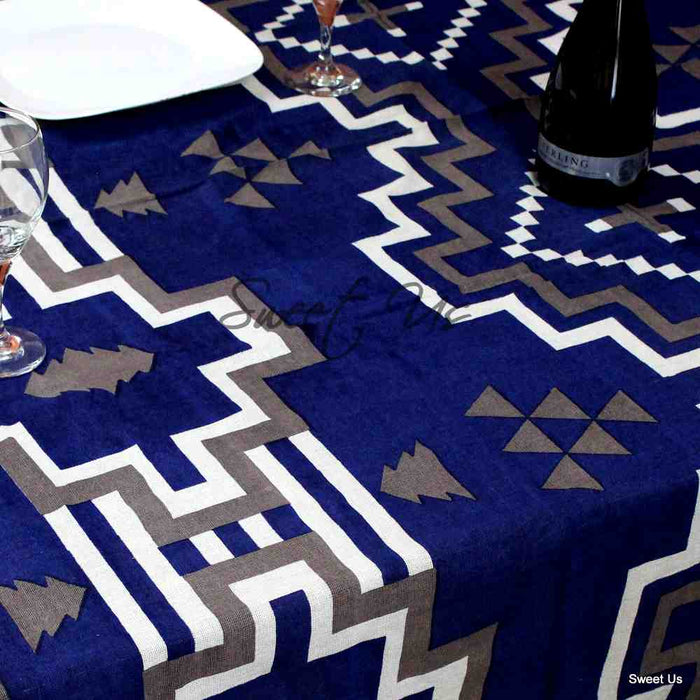 Cotton Native American Aztec Tablecloth Rectangle 60x90 Blue Gray Kitchen Linen - Sweet Us