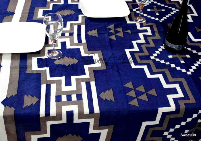 Cotton Native American Aztec Tablecloth Rectangle 60x90 Blue Gray Kitchen Linen - Sweet Us