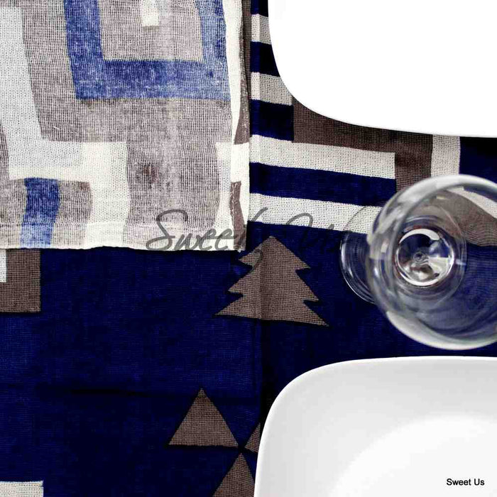 Cotton Native American Aztec Tablecloth Rectangle 60x90 Blue Gray Kitchen Linen - Sweet Us