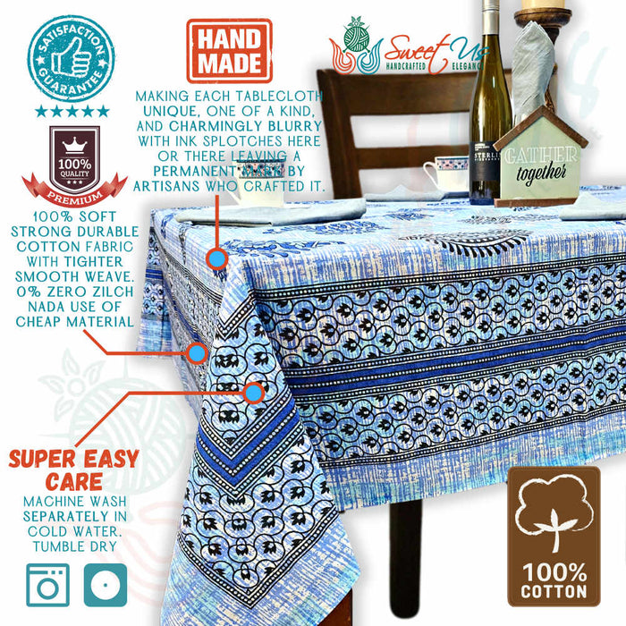 Crown Paisley Cotton Floral Tablecloth Rectangle, Royal Azure - Sweet Us