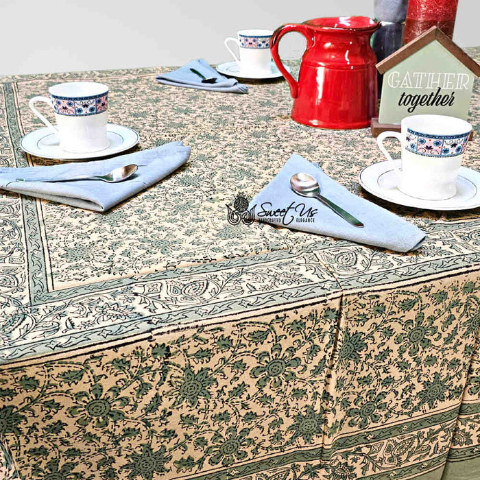 Daisy Bouquet Block Print Cotton Floral Tablecloth Rectangle, Minty Breeze - Sweet Us