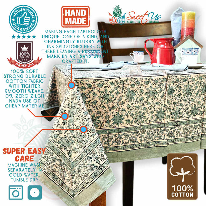 Daisy Bouquet Block Print Cotton Floral Tablecloth Rectangle, Minty Breeze - Sweet Us