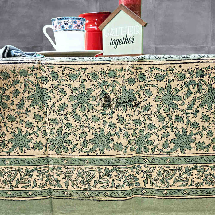 Daisy Bouquet Block Print Cotton Floral Tablecloth Rectangle, Minty Breeze - Sweet Us