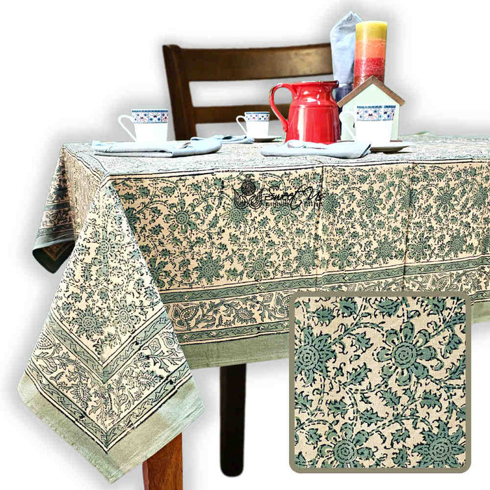 Daisy Bouquet Block Print Cotton Floral Tablecloth Rectangle, Minty Breeze - Sweet Us