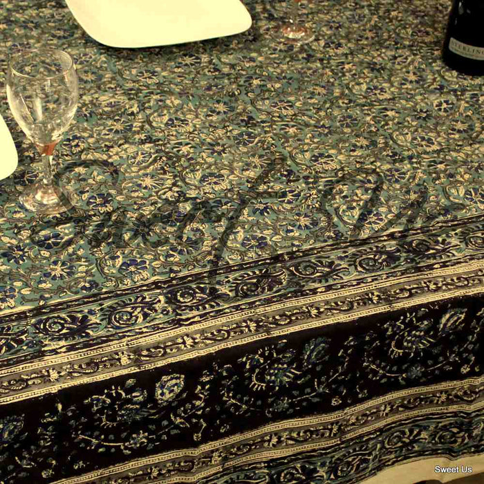 Cotton Vegetable Dye Hand Block Print Tablecloth Rectangle Blue Black Beige - Sweet Us