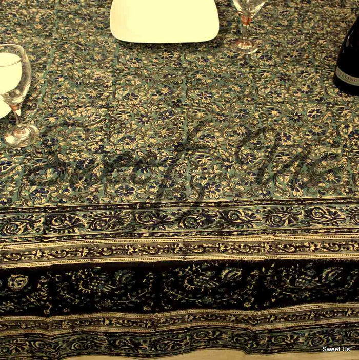 Cotton Vegetable Dye Hand Block Print Tablecloth Rectangle Blue Black Beige - Sweet Us