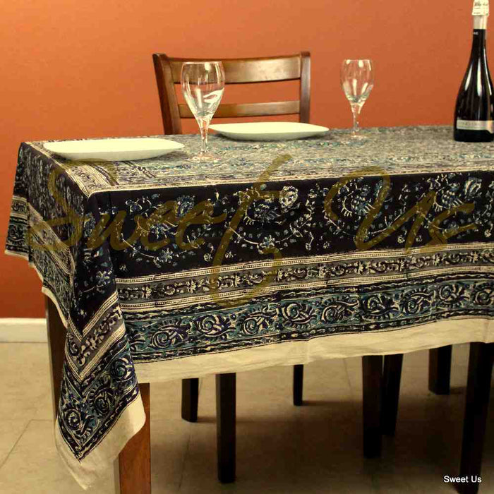 Cotton Vegetable Dye Hand Block Print Tablecloth Rectangle Blue Black Beige - Sweet Us