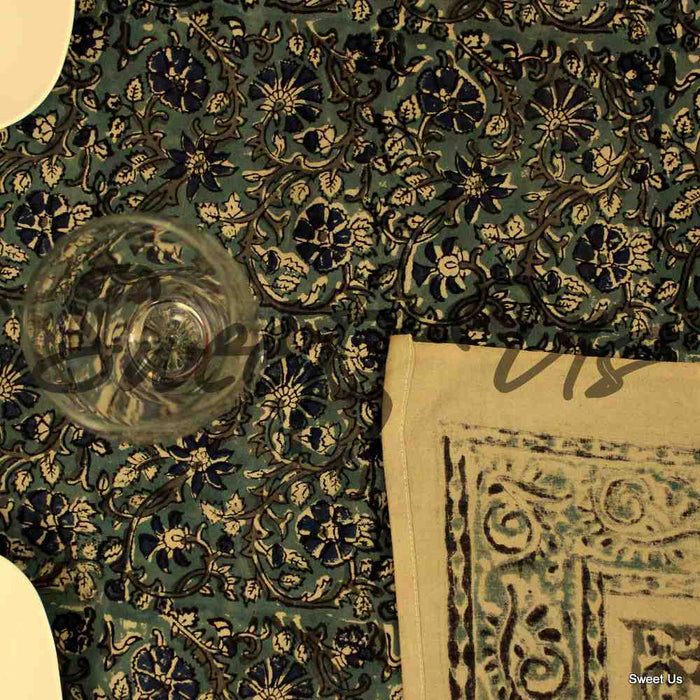 Cotton Vegetable Dye Hand Block Print Tablecloth Rectangle Blue Black Beige - Sweet Us