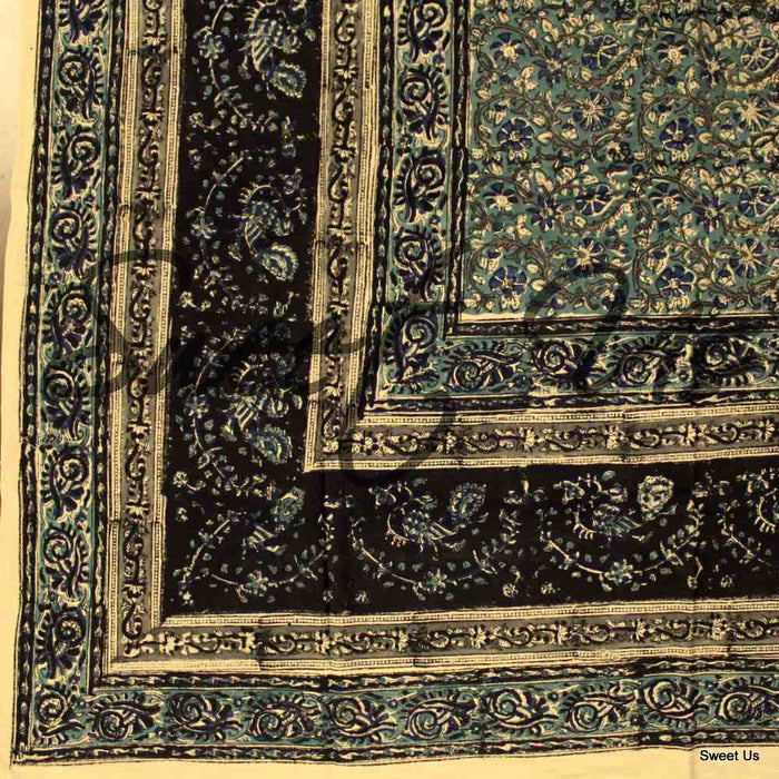 Cotton Vegetable Dye Hand Block Print Tablecloth Rectangle Blue Black Beige - Sweet Us