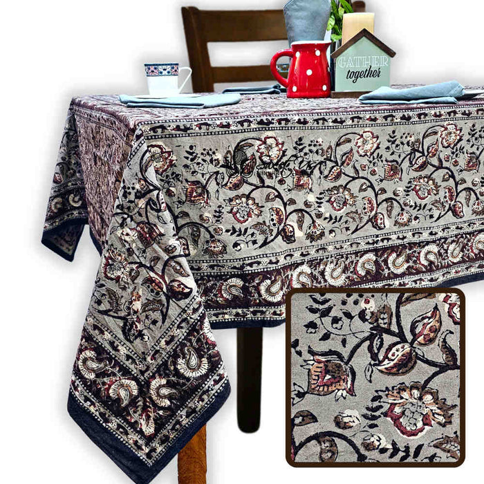 Floral Vogue Block Print Cotton Tablecloth Collection, Espresso Ash - Sweet Us